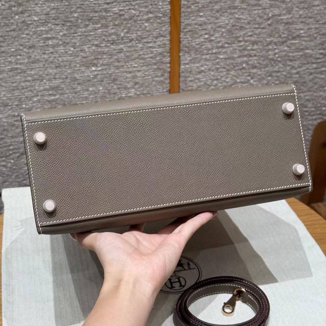 Hermes Kelly 28 Bag Handmade In Epsom Calfskin Leather Rose Gold Hardware 18 Etoupe - Image 23
