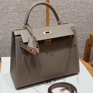 Hermes Kelly 28 Bag Handmade In Epsom Calfskin Leather Rose Gold Hardware 18 Etoupe - Image 20