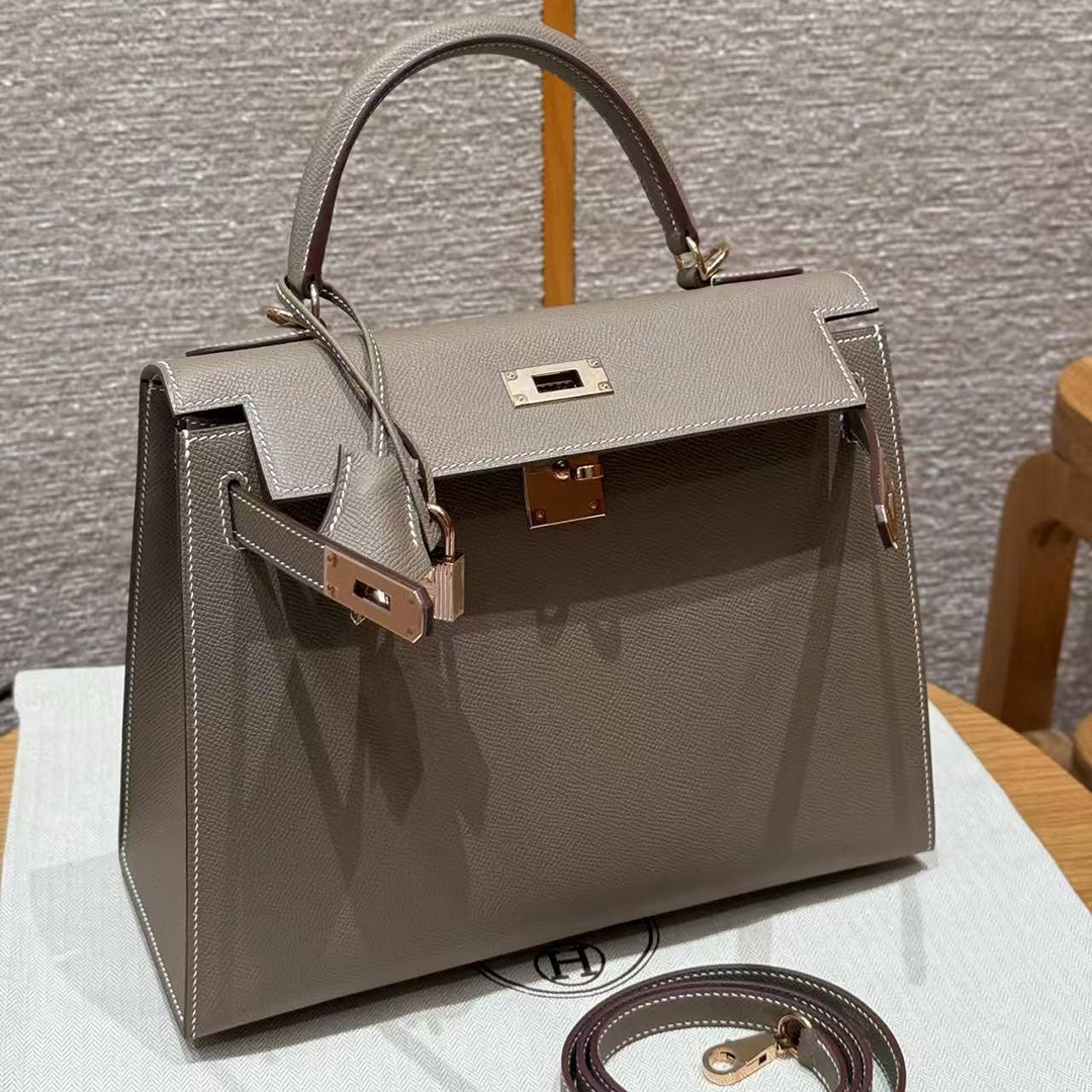 Hermes Kelly 28 Bag Handmade In Epsom Calfskin Leather Rose Gold Hardware 18 Etoupe - Image 20