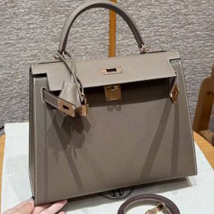 Hermes Kelly 28 Bag Handmade In Epsom Calfskin Leather Rose Gold Hardware 18 Etoupe - Image 19