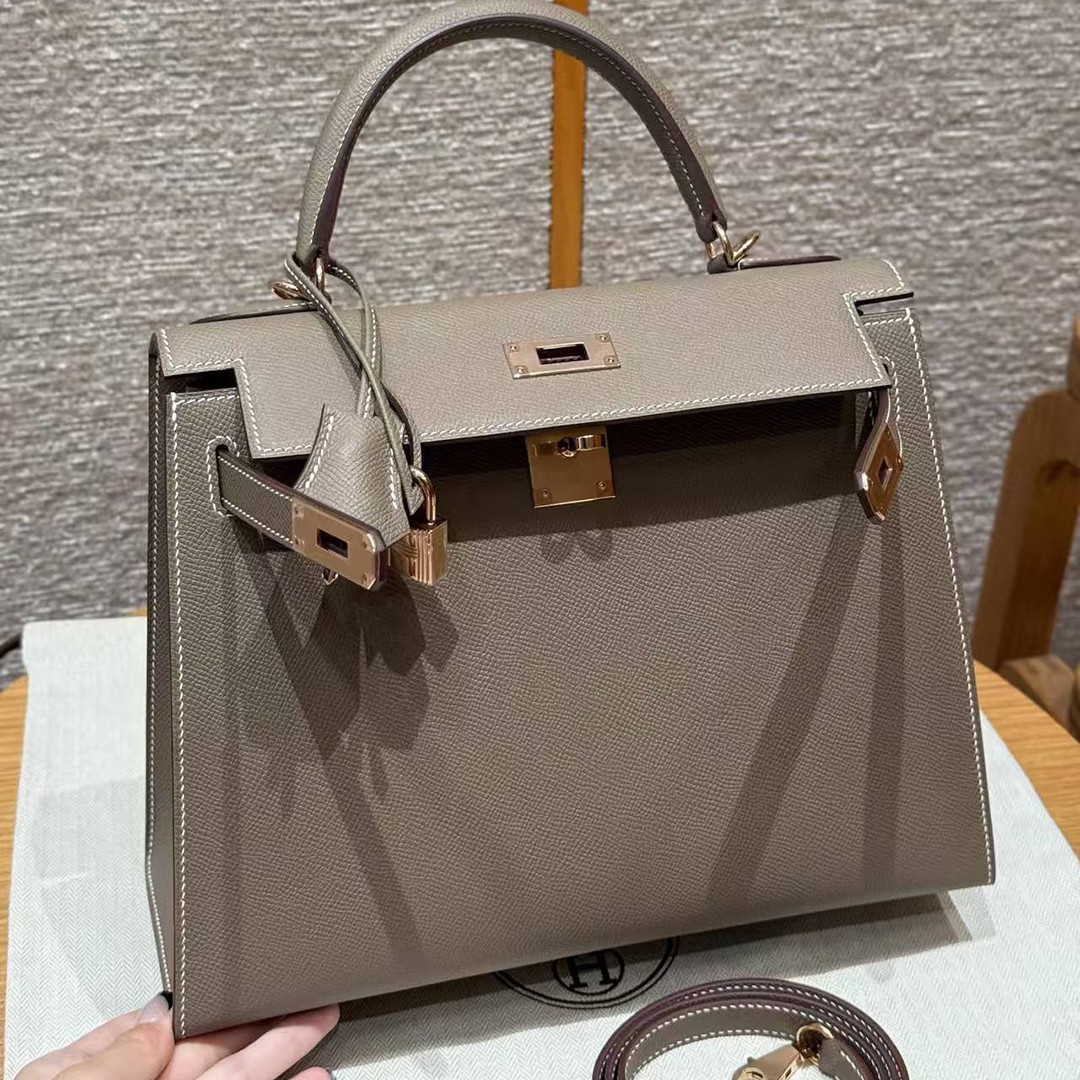 Hermes Kelly 28 Bag Handmade In Epsom Calfskin Leather Rose Gold Hardware 18 Etoupe - Image 19