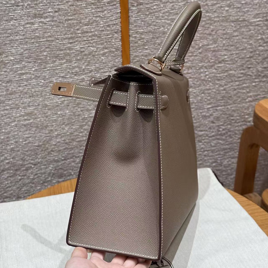 Hermes Kelly 28 Bag Handmade In Epsom Calfskin Leather Rose Gold Hardware 18 Etoupe - Image 17
