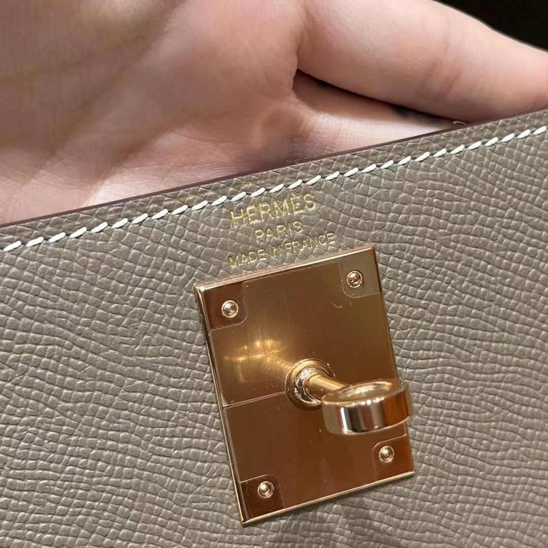 Hermes Kelly 28 Bag Handmade In Epsom Calfskin Leather Rose Gold Hardware 18 Etoupe - Image 16