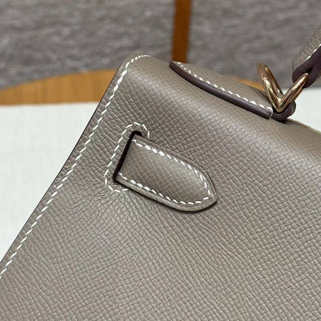 Hermes Kelly 28 Bag Handmade In Epsom Calfskin Leather Rose Gold Hardware 18 Etoupe - Image 10
