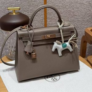 Hermes Kelly 28 Bag Handmade In Epsom Calfskin Leather Rose Gold Hardware 18 Etoupe - Image 5