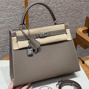Hermes Kelly 28 Bag Handmade In Epsom Calfskin Leather Silver Hardware 18 Etoupe