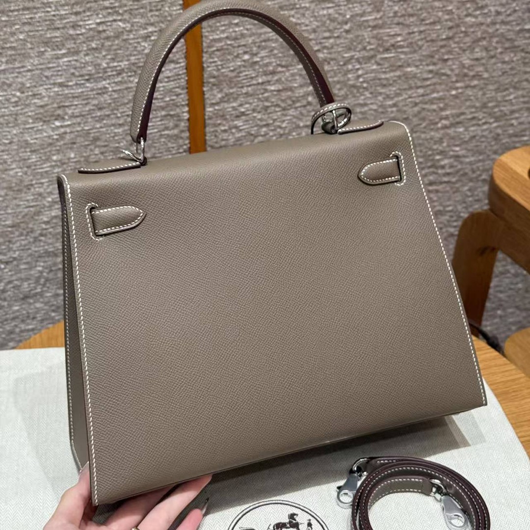 Hermes Kelly 28 Bag Handmade In Epsom Calfskin Leather Silver Hardware 18 Etoupe - Image 2