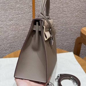 Hermes Kelly 28 Bag Handmade In Epsom Calfskin Leather Silver Hardware 18 Etoupe - Image 30