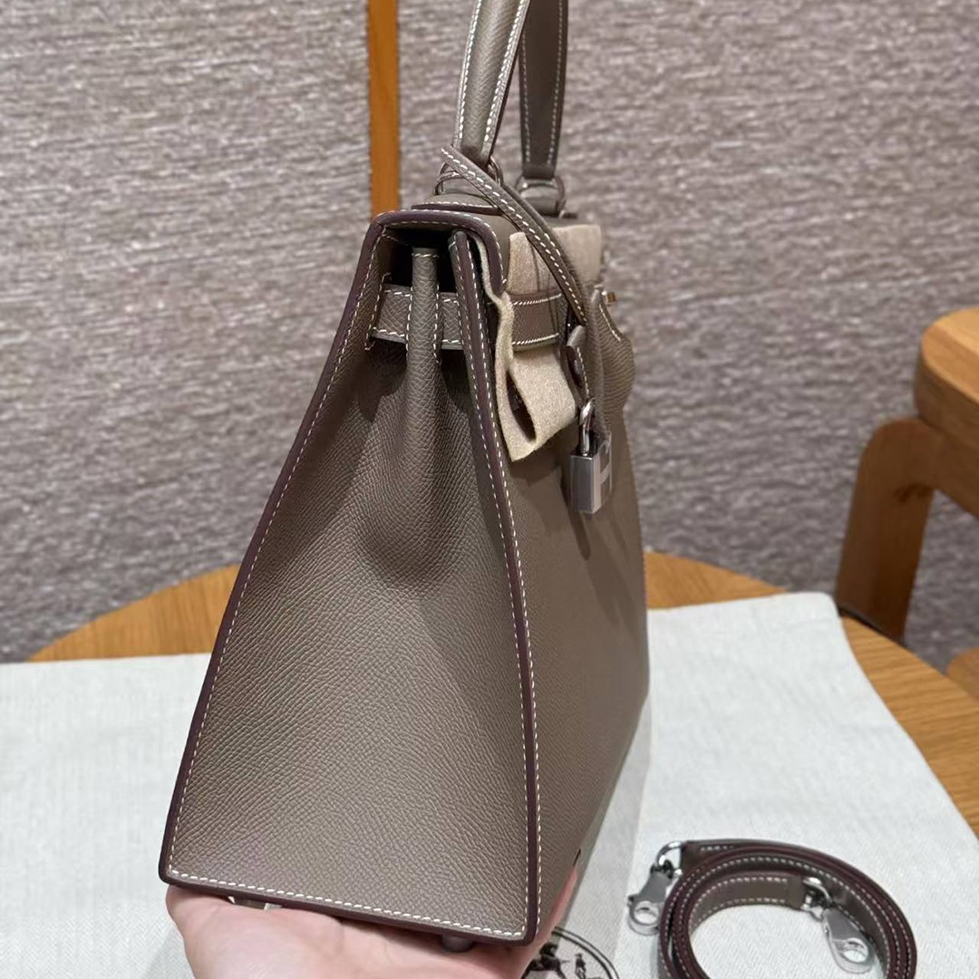 Hermes Kelly 28 Bag Handmade In Epsom Calfskin Leather Silver Hardware 18 Etoupe - Image 30