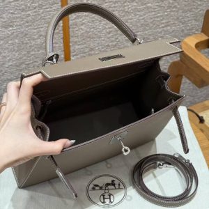 Hermes Kelly 28 Bag Handmade In Epsom Calfskin Leather Silver Hardware 18 Etoupe - Image 27