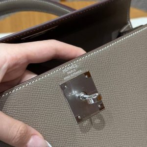 Hermes Kelly 28 Bag Handmade In Epsom Calfskin Leather Silver Hardware 18 Etoupe - Image 26