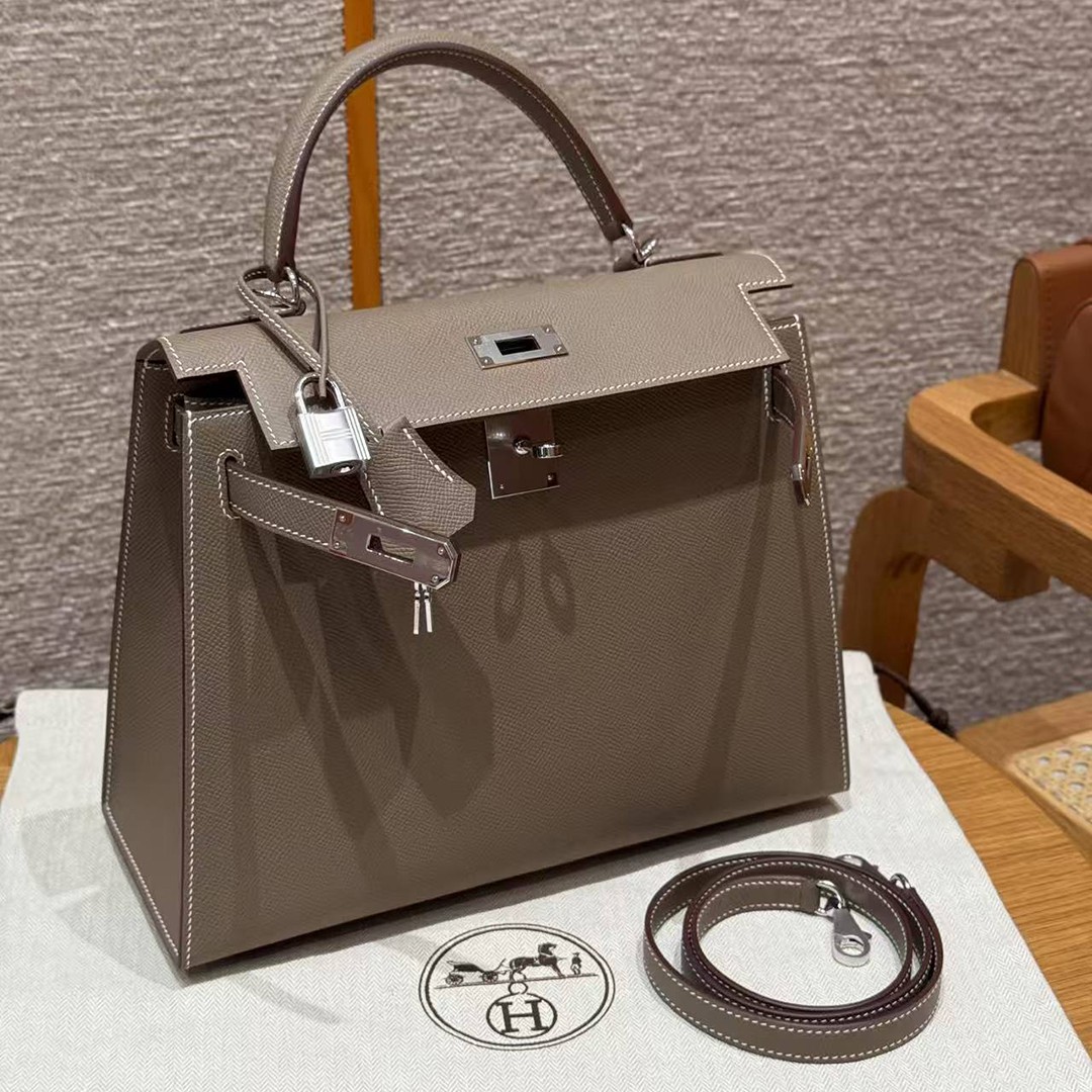 Hermes Kelly 28 Bag Handmade In Epsom Calfskin Leather Silver Hardware 18 Etoupe - Image 23