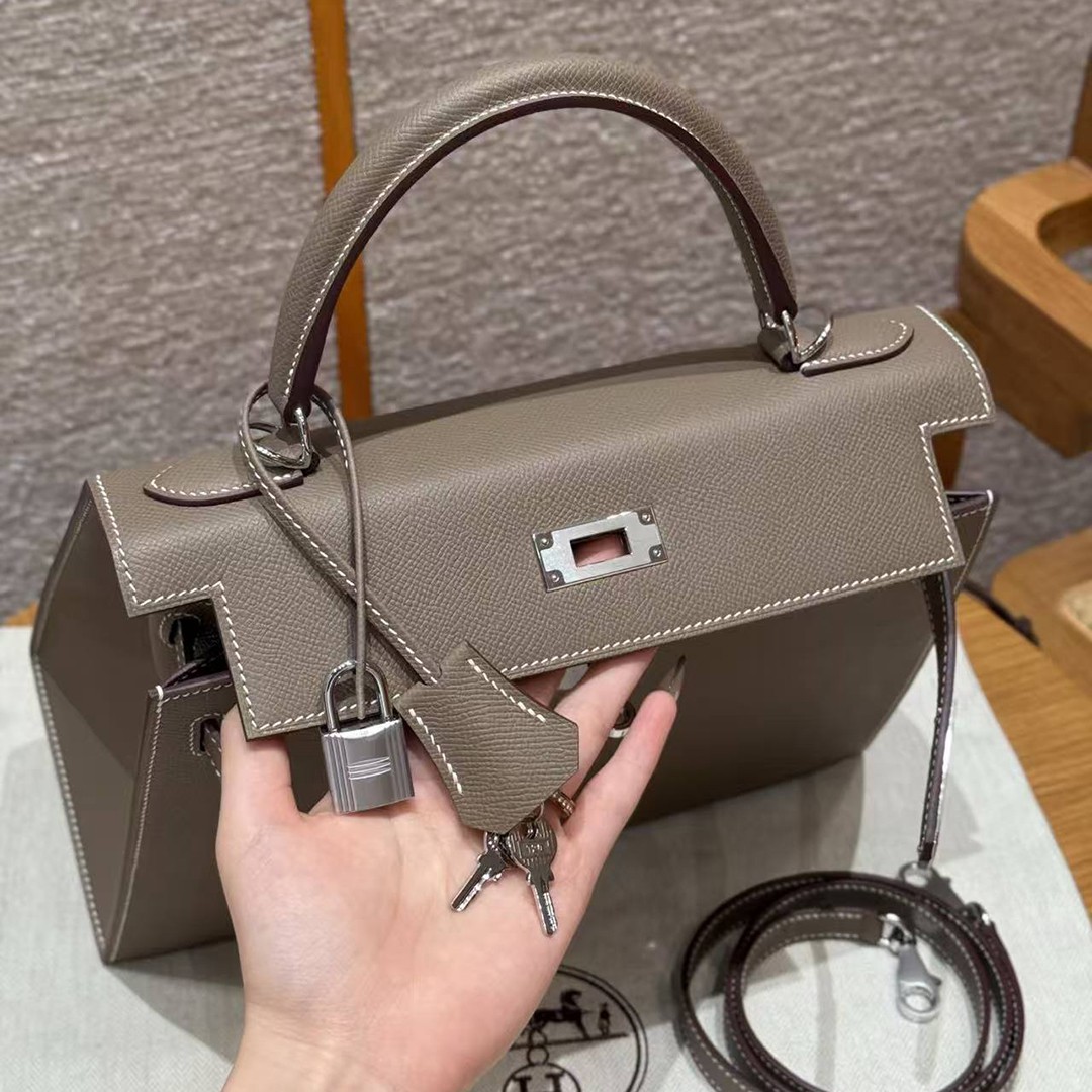 Hermes Kelly 28 Bag Handmade In Epsom Calfskin Leather Silver Hardware 18 Etoupe - Image 22