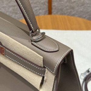 Hermes Kelly 28 Bag Handmade In Epsom Calfskin Leather Silver Hardware 18 Etoupe - Image 19