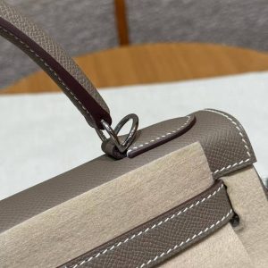 Hermes Kelly 28 Bag Handmade In Epsom Calfskin Leather Silver Hardware 18 Etoupe - Image 18