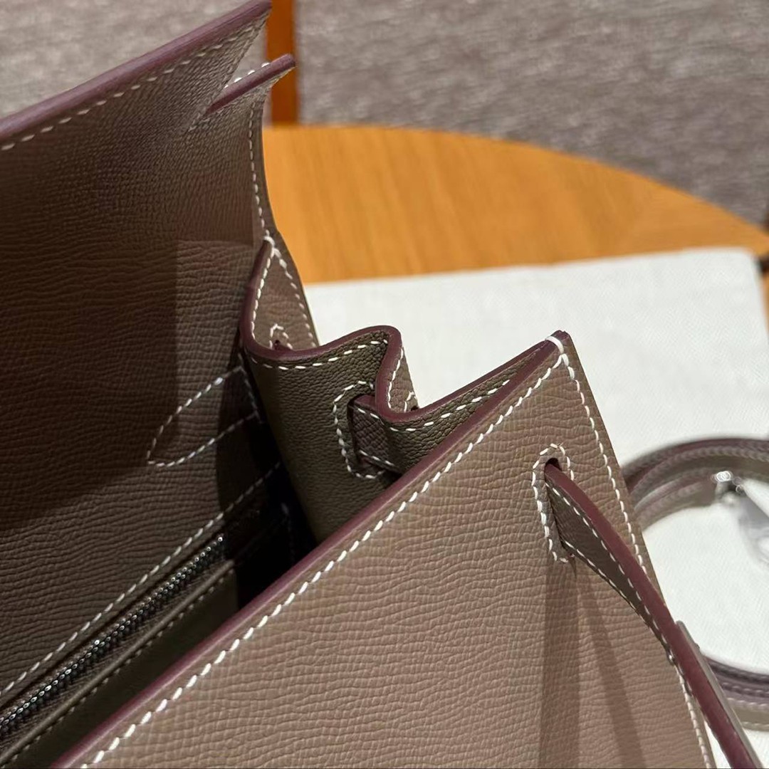 Hermes Kelly 28 Bag Handmade In Epsom Calfskin Leather Silver Hardware 18 Etoupe - Image 16