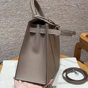Hermes Kelly 28 Bag Handmade In Epsom Calfskin Leather Silver Hardware 18 Etoupe - Image 14