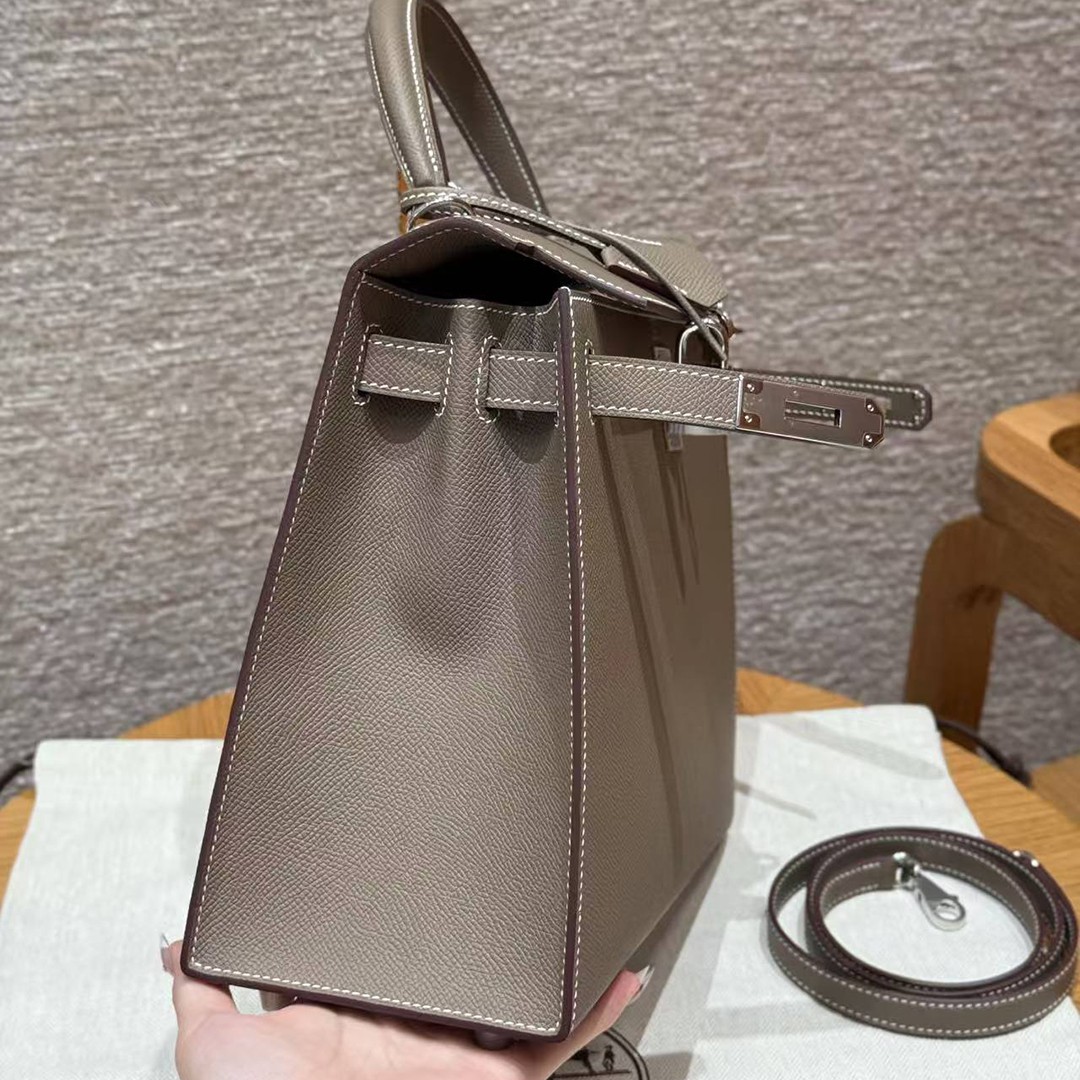 Hermes Kelly 28 Bag Handmade In Epsom Calfskin Leather Silver Hardware 18 Etoupe - Image 14