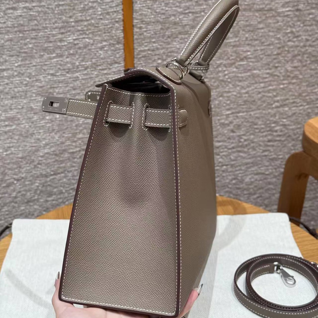Hermes Kelly 28 Bag Handmade In Epsom Calfskin Leather Silver Hardware 18 Etoupe - Image 13
