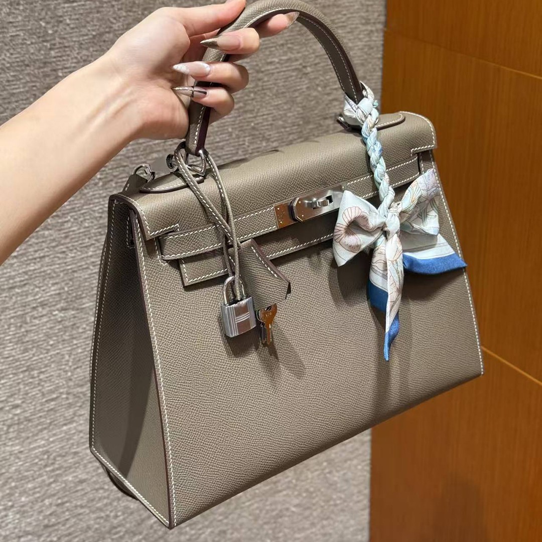 Hermes Kelly 28 Bag Handmade In Epsom Calfskin Leather Silver Hardware 18 Etoupe - Image 5