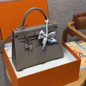 Hermes Kelly 28 Bag Handmade In Epsom Calfskin Leather Silver Hardware 18 Etoupe - Image 4