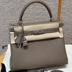 Hermes Kelly 28 Bag Handmade In Togo Calfskin Leather Sliver Hardware 18 Etoupe