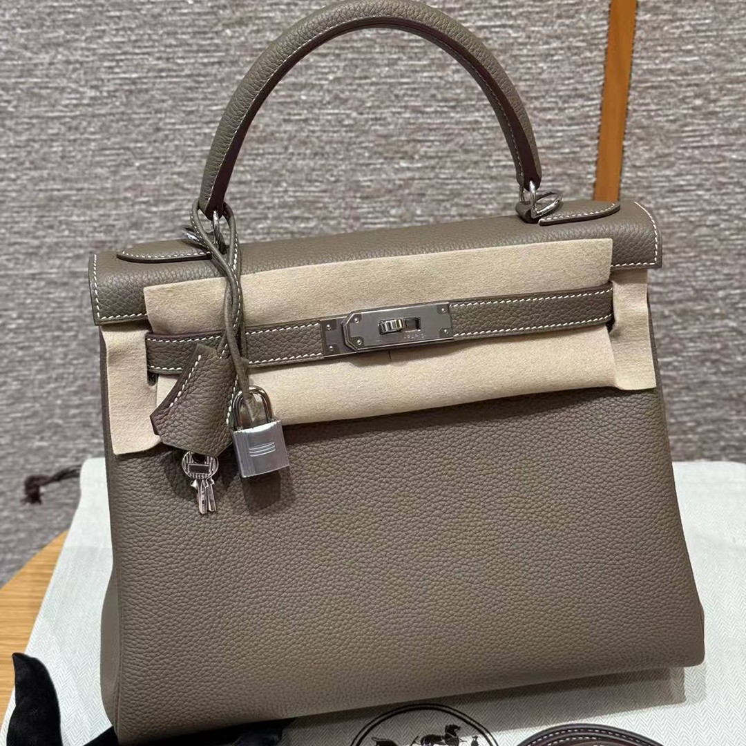 Hermes Kelly 28 Bag Handmade In Togo Calfskin Leather Sliver Hardware 18 Etoupe