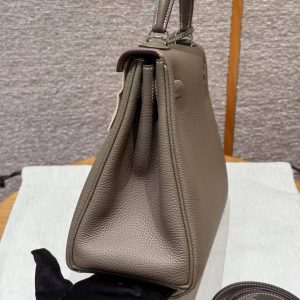 Hermes Kelly 28 Bag Handmade In Togo Calfskin Leather Sliver Hardware 18 Etoupe - Image 2