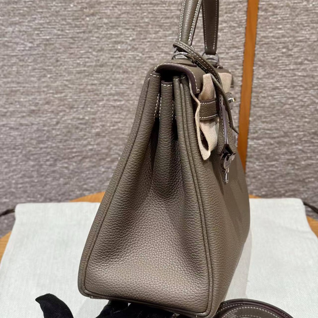 Hermes Kelly 28 Bag Handmade In Togo Calfskin Leather Sliver Hardware 18 Etoupe - Image 13