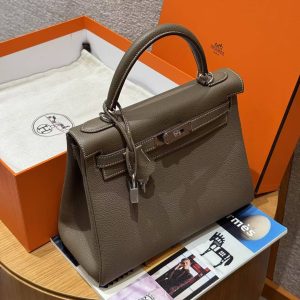 Hermes Kelly 28 Bag Handmade In Togo Calfskin Leather Sliver Hardware 18 Etoupe - Image 12