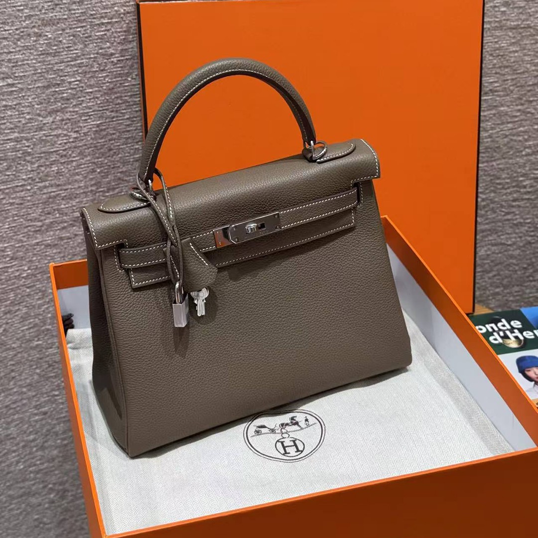 Hermes Kelly 28 Bag Handmade In Togo Calfskin Leather Sliver Hardware 18 Etoupe - Image 11