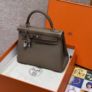 Hermes Kelly 28 Bag Handmade In Togo Calfskin Leather Sliver Hardware 18 Etoupe - Image 8