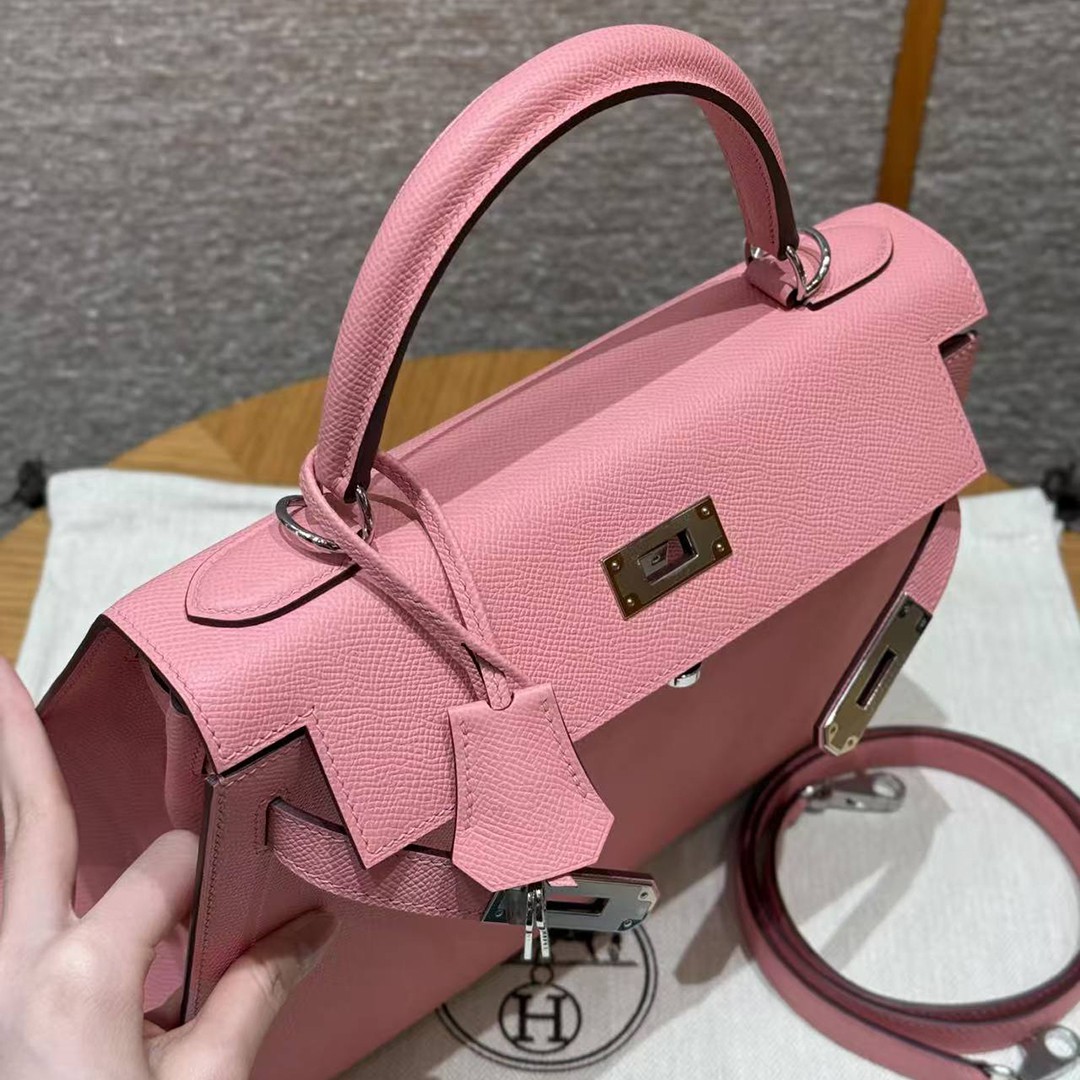 Hermes Kelly 28 Bag Handmade In Epsom Calfskin Leather Silver Hardware 1Q Rose Confetti - Image 13