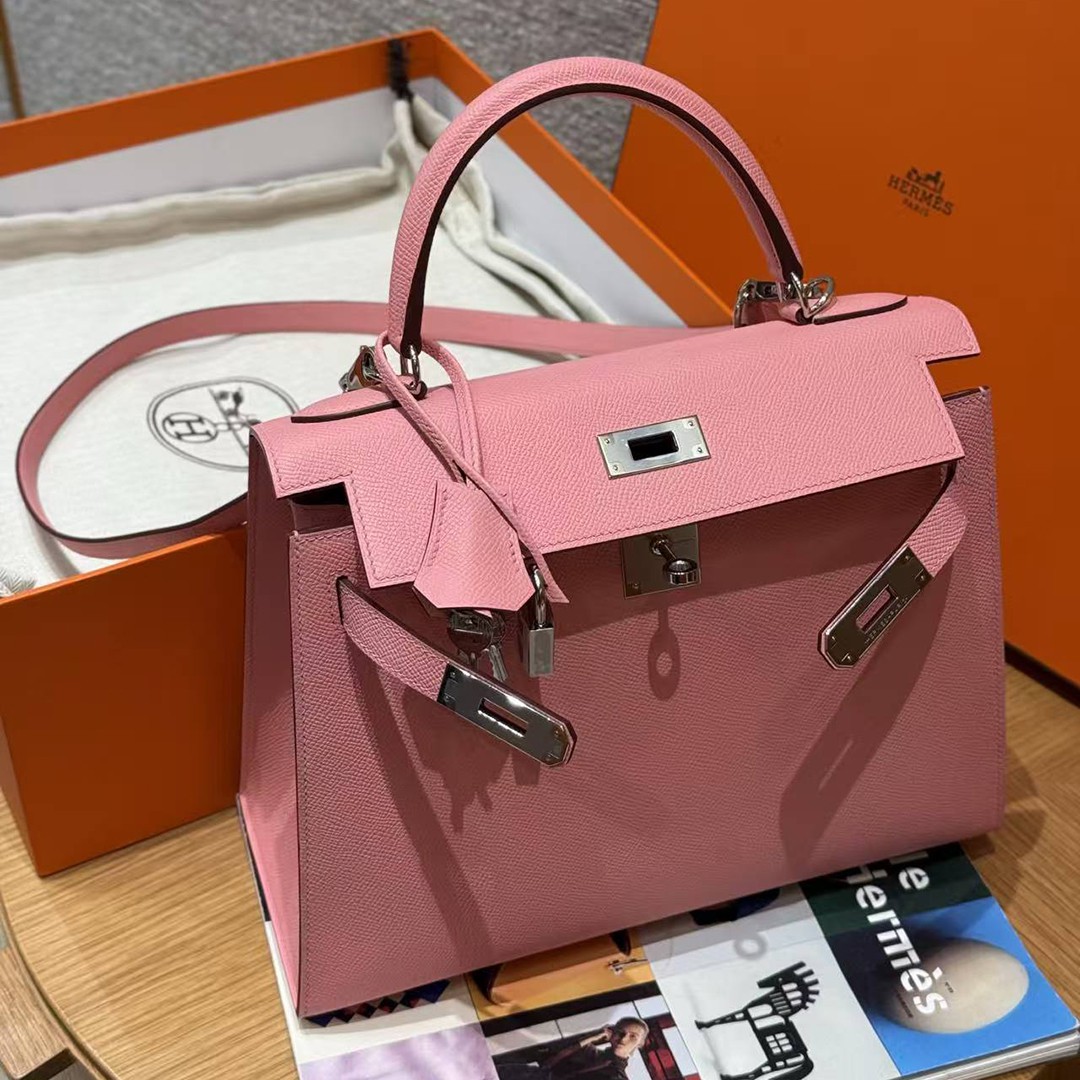 Hermes Kelly 28 Bag Handmade In Epsom Calfskin Leather Silver Hardware 1Q Rose Confetti - Image 8