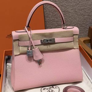 Hermes Kelly 28 Bag Handmade In Togo Calfskin Leather Silver Hardware 3Q Rose Sakura
