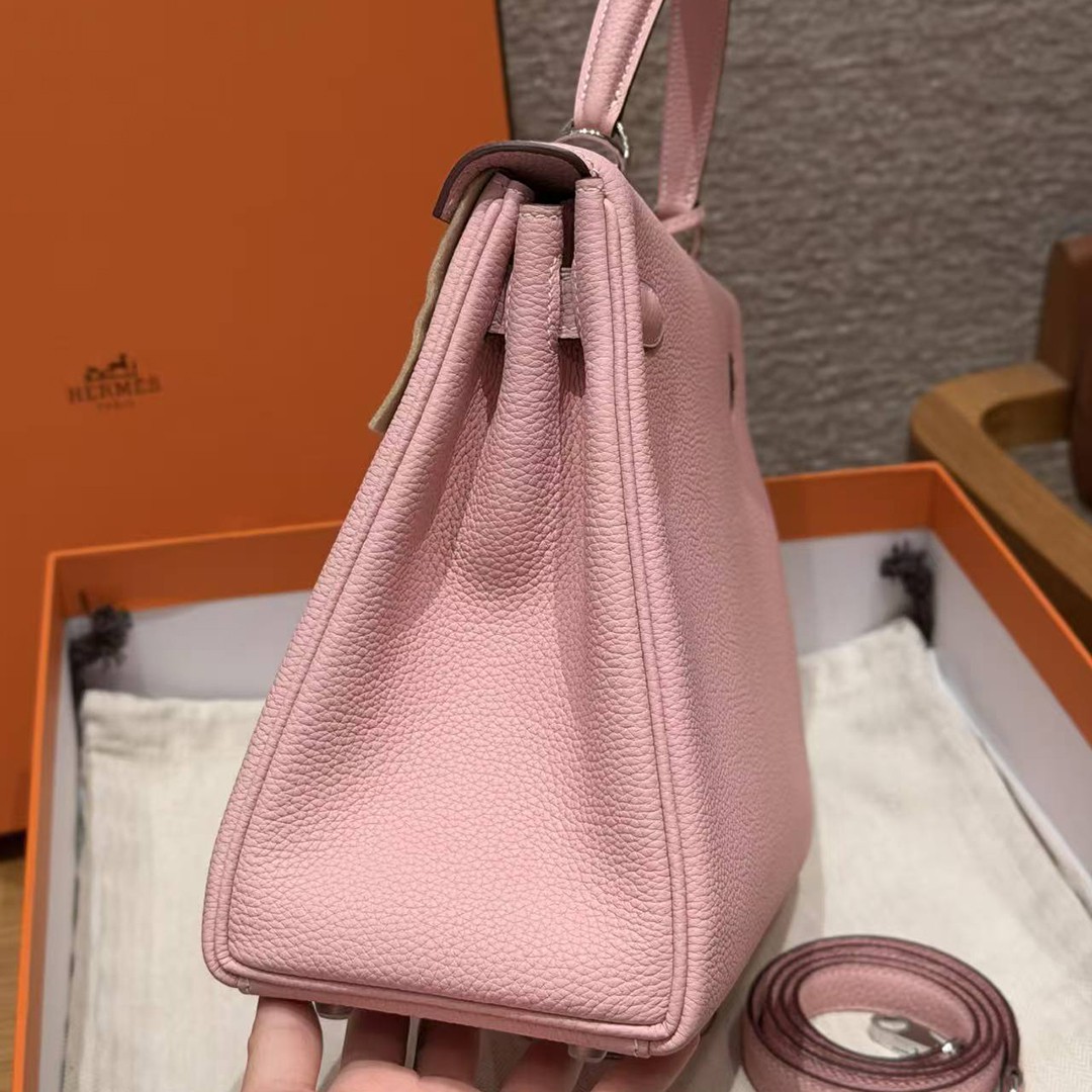 Hermes Kelly 28 Bag Handmade In Togo Calfskin Leather Silver Hardware 3Q Rose Sakura - Image 26