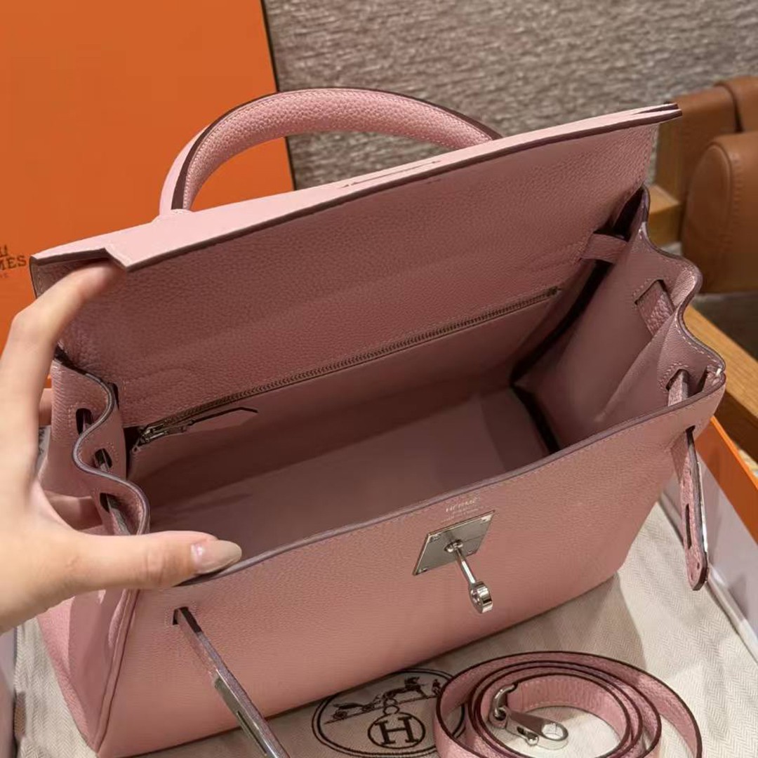 Hermes Kelly 28 Bag Handmade In Togo Calfskin Leather Silver Hardware 3Q Rose Sakura - Image 23
