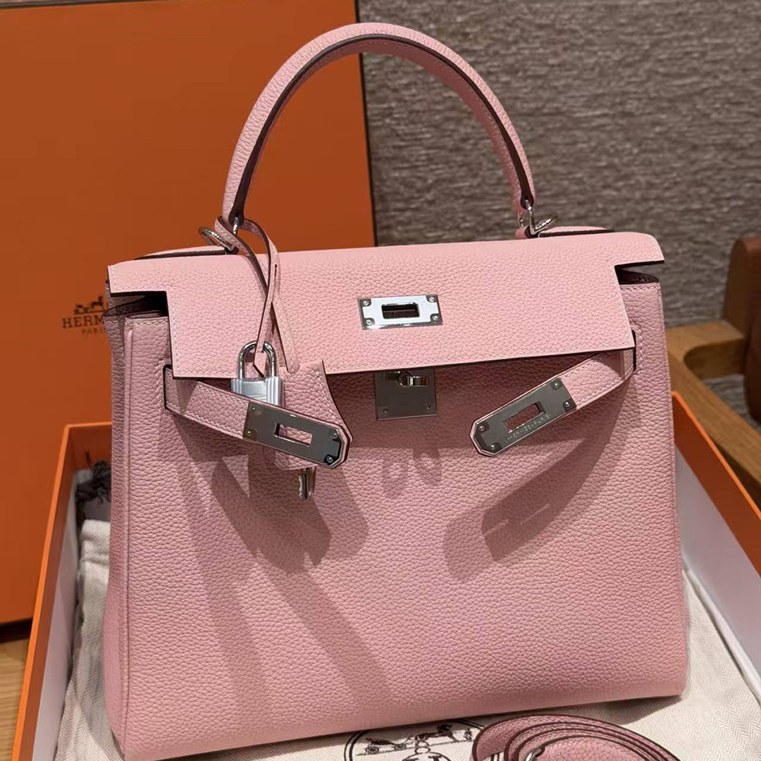Hermes Kelly 28 Bag Handmade In Togo Calfskin Leather Silver Hardware 3Q Rose Sakura - Image 19