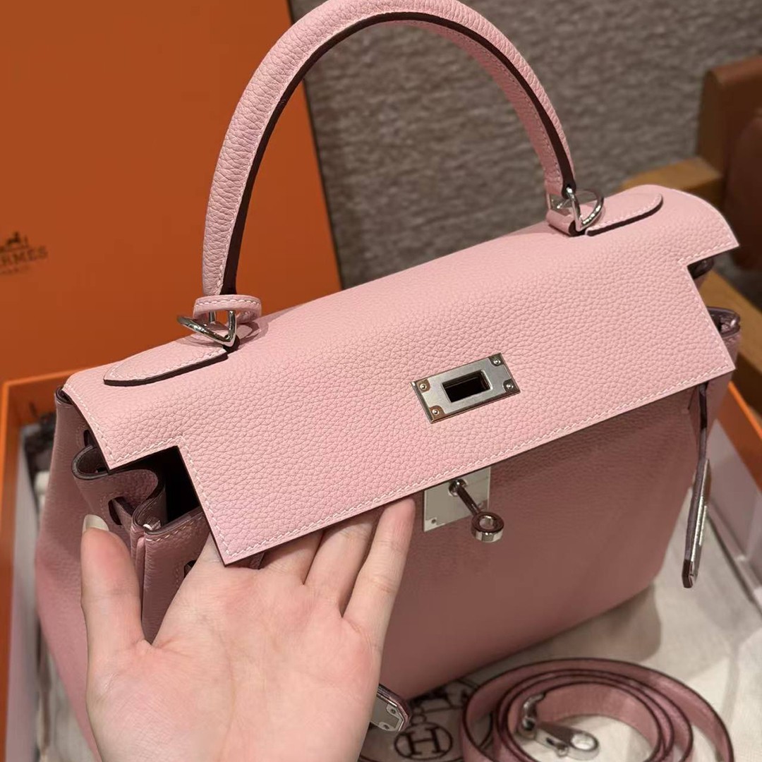 Hermes Kelly 28 Bag Handmade In Togo Calfskin Leather Silver Hardware 3Q Rose Sakura - Image 17