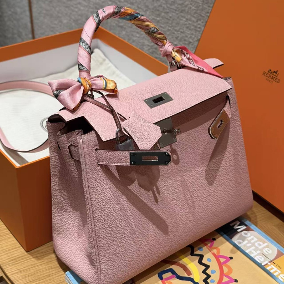 Hermes Kelly 28 Bag Handmade In Togo Calfskin Leather Silver Hardware 3Q Rose Sakura - Image 10