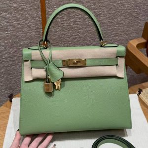 Hermes Kelly 28 Bag Handmade In Epsom Calfskin Leather Gold Hardware 3i Vert Criquent