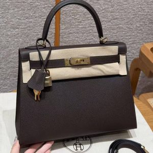 Hermes Kelly 28 Bag Handmade In Epsom Calfskin Leather Gold Hardware 47 Chocolat
