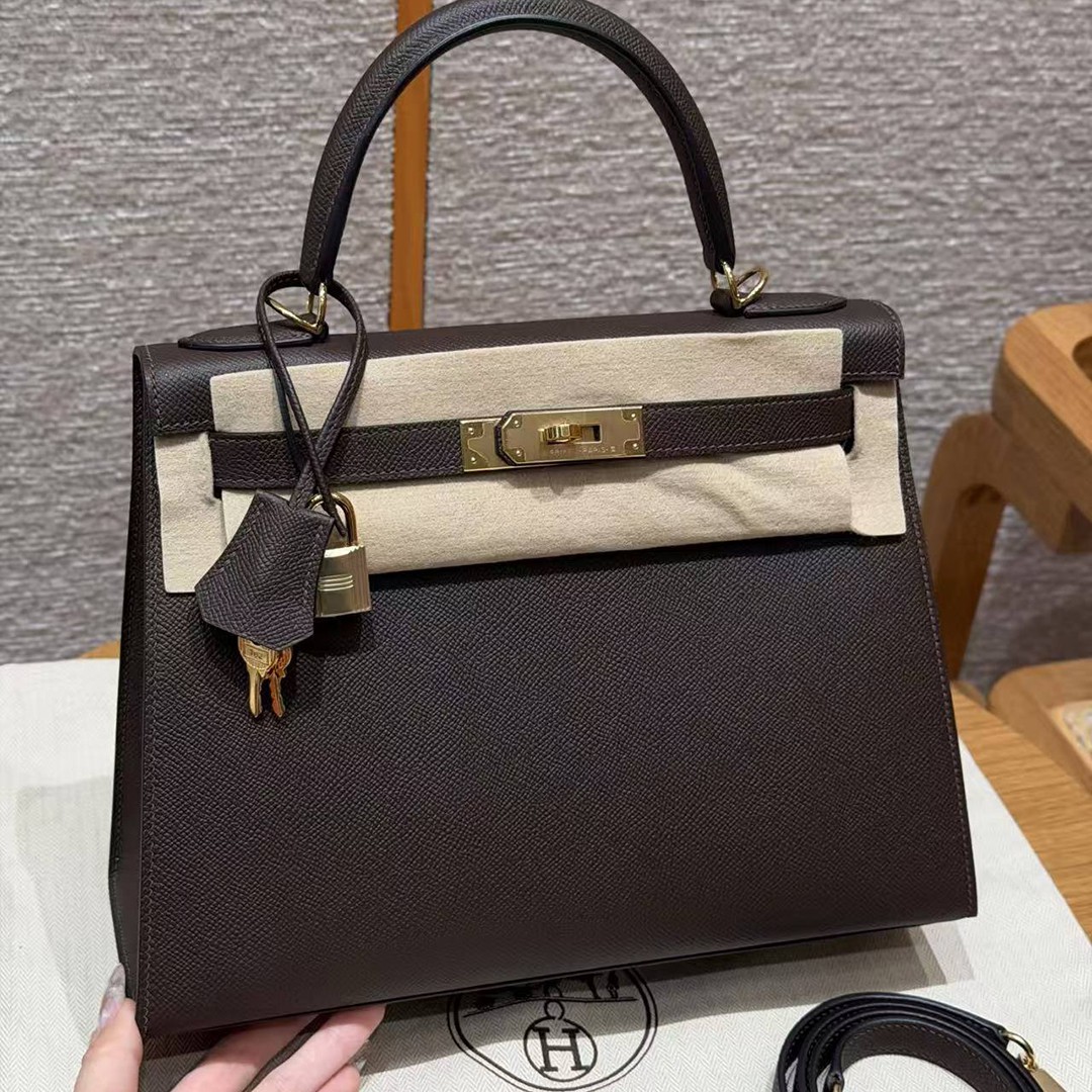 Hermes Kelly 28 Bag Handmade In Epsom Calfskin Leather Gold Hardware 47 Chocolat