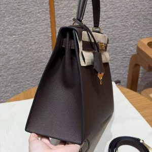Hermes Kelly 28 Bag Handmade In Epsom Calfskin Leather Gold Hardware 47 Chocolat - Image 27