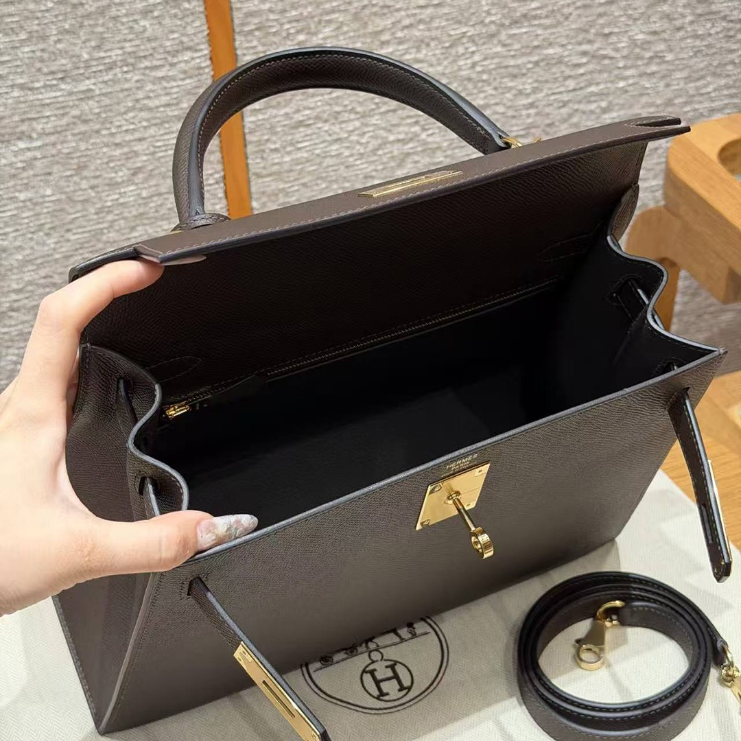 Hermes Kelly 28 Bag Handmade In Epsom Calfskin Leather Gold Hardware 47 Chocolat - Image 24