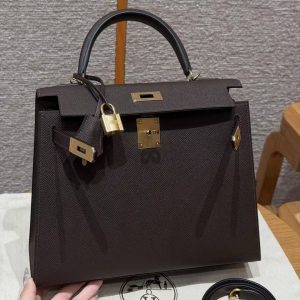 Hermes Kelly 28 Bag Handmade In Epsom Calfskin Leather Gold Hardware 47 Chocolat - Image 20