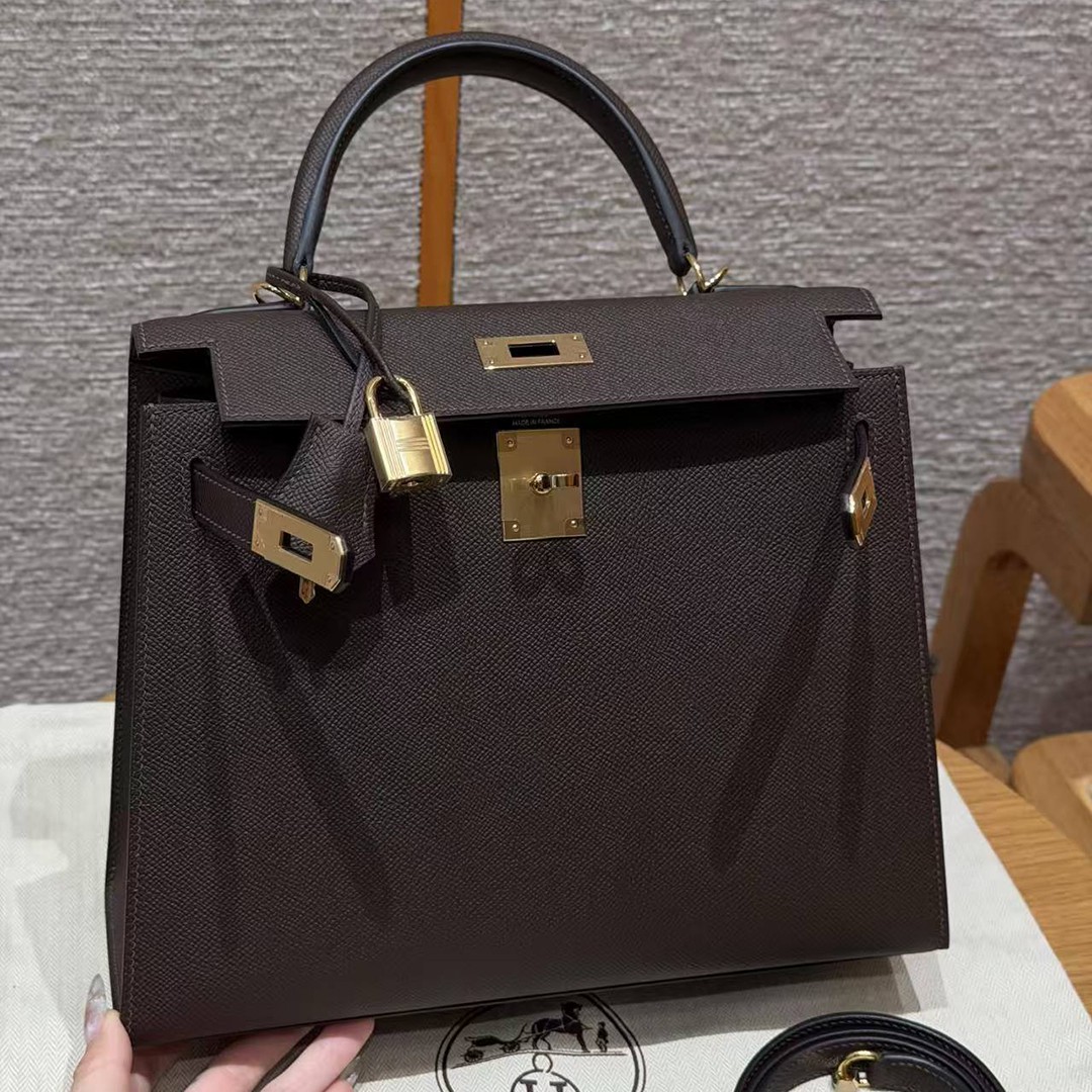Hermes Kelly 28 Bag Handmade In Epsom Calfskin Leather Gold Hardware 47 Chocolat - Image 20