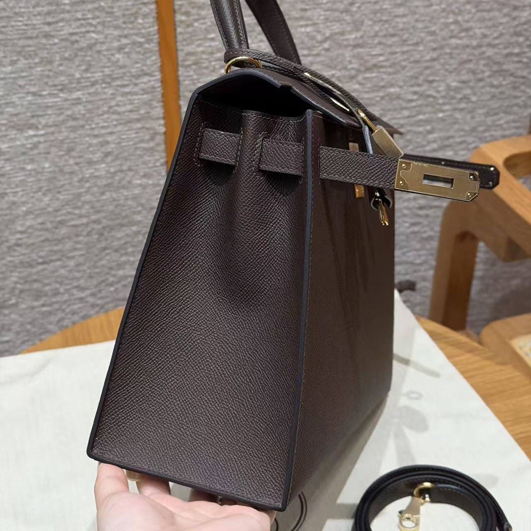 Hermes Kelly 28 Bag Handmade In Epsom Calfskin Leather Gold Hardware 47 Chocolat - Image 19