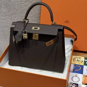 Hermes Kelly 28 Bag Handmade In Epsom Calfskin Leather Gold Hardware 47 Chocolat - Image 12