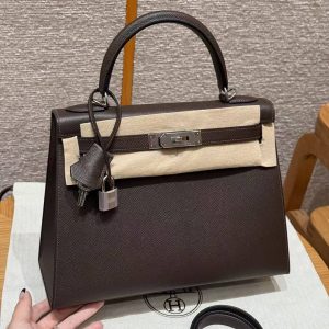 Hermes Kelly 28 Bag Handmade In Epsom Calfskin Leather Silver Hardware 47 Chocolat